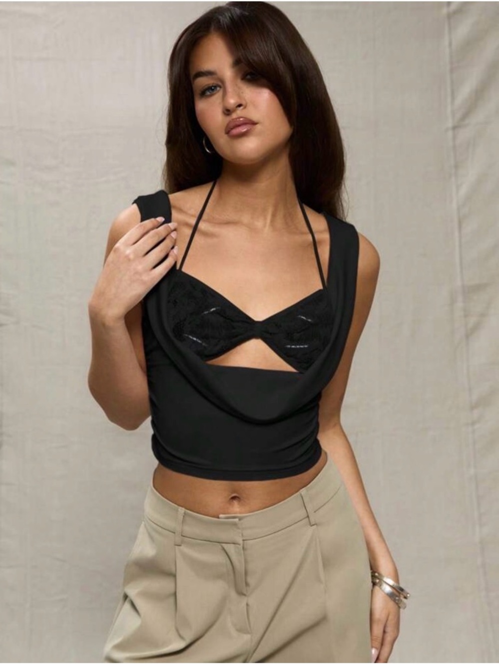 Black Draped Crop Top with Built-In Bralette